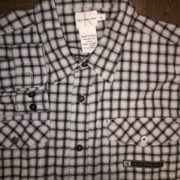 Calvin Klein Jeans Mens Button Up Shirt Gray Size Large L Plaid Pockets Logo - Picture 1 of 12